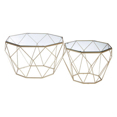 Two geometrically designed side tables with glass tops on a white background