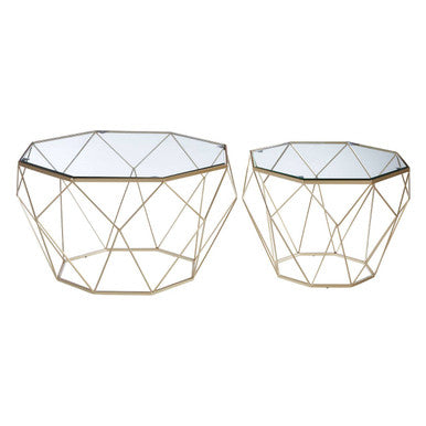 Set of 2 Gold Finish Geometric Design Side Tables with Tempered Glass Top | Arcana