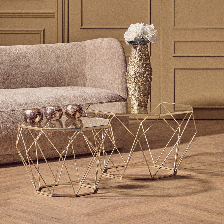 Modern coffee table with geometric design in a living room setting.