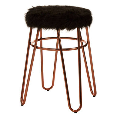 Bar stool with black fur cushion and copper metal frame on a white background