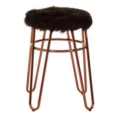 Bar stool with black fur cushion and copper metal frame on a white background