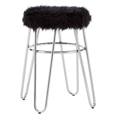 Bar stool with black fur cushion and chrome legs on a white background