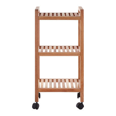 Wooden rolling cart with three shelves on a white background