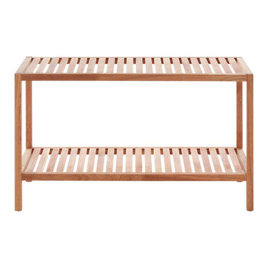 Wooden shelf with two levels on a white background