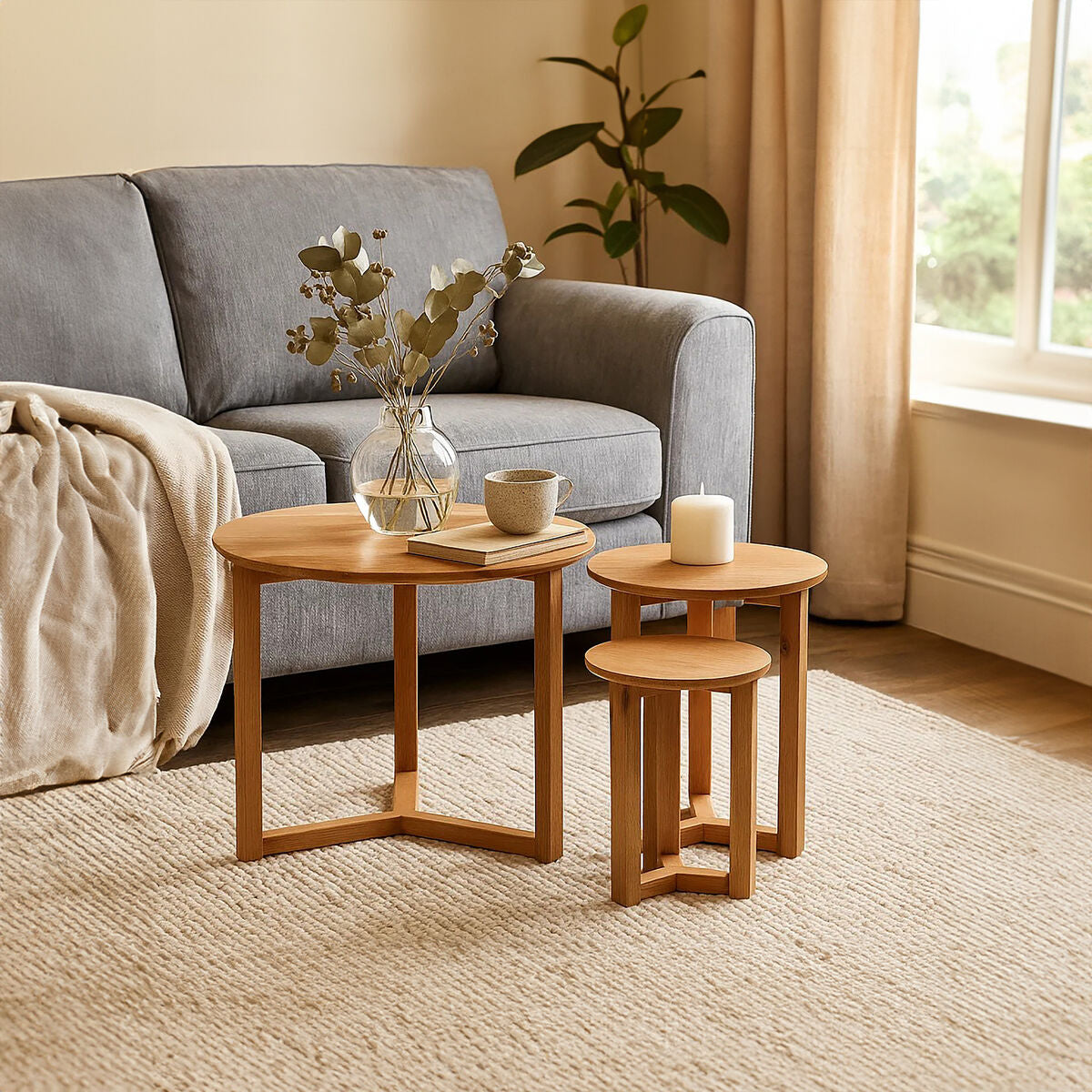Visby Set Of 3 Oak Wood Side Tables
