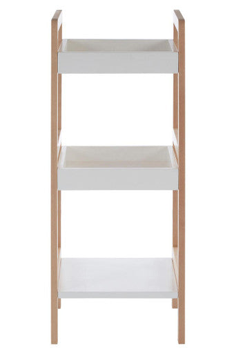 Three-tiered shelf with white shelves and wooden frame on a white background