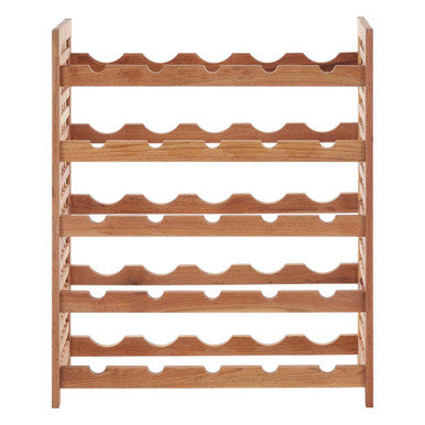 Wooden wine rack with multiple shelves on a white background