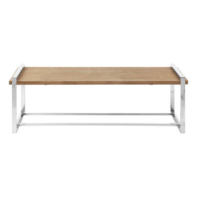 Wooden table with metal frame on a white background