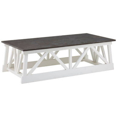 Coffee table with dark top and white base on a white background