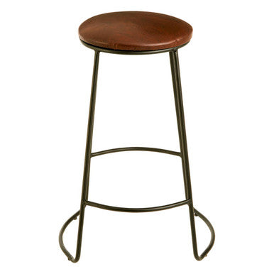 Bar stool with brown leather seat and metal frame on a white background