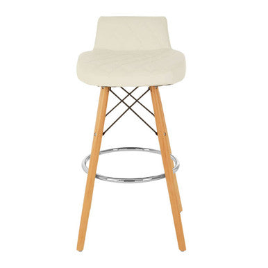 Bar stool with beige cushioned seat and wooden legs on a white background
