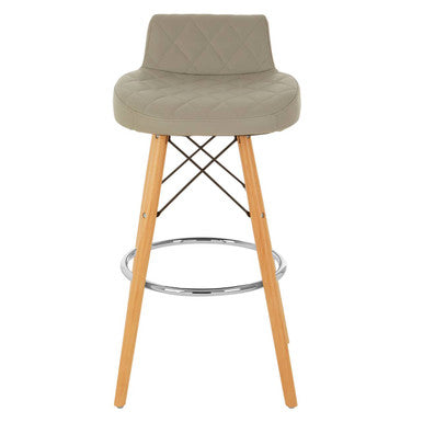 Bar stool with quilted beige seat and wooden legs on a white background