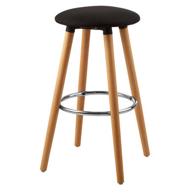 Bar stool with black seat and wooden legs on a white background