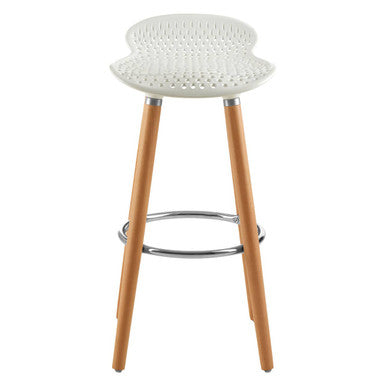 Bar stool with white woven seat and wooden legs on a white background