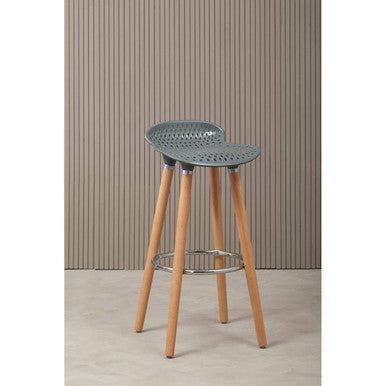 Bar stool with a green seat and wooden legs against a striped wall.