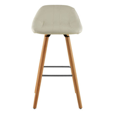 Bar stool with beige cushioned seat and wooden legs on a white background