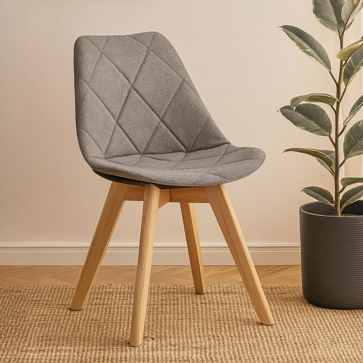 Gray upholstered chair with wooden legs in a room with a plant and beige wall.