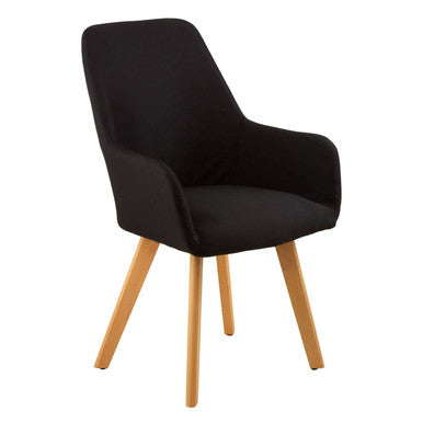 Black upholstered chair with wooden legs on a white background