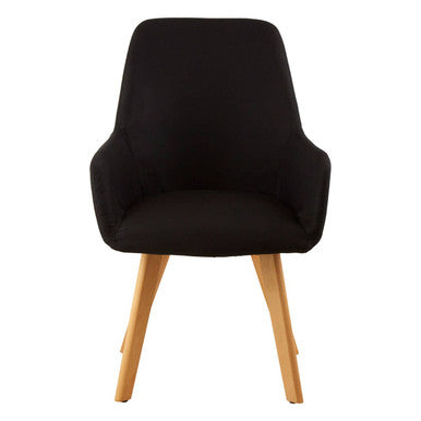 Black upholstered chair with wooden legs on a white background