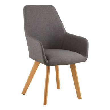 Gray upholstered chair with wooden legs on a white background
