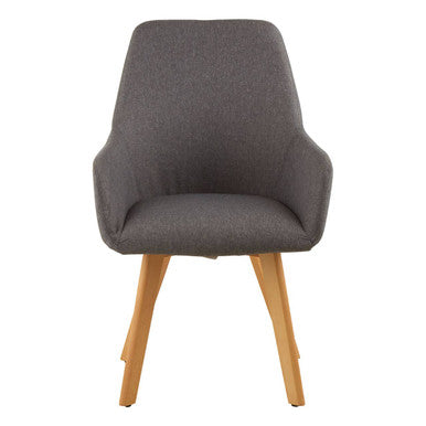 Gray upholstered chair with wooden legs on a white background