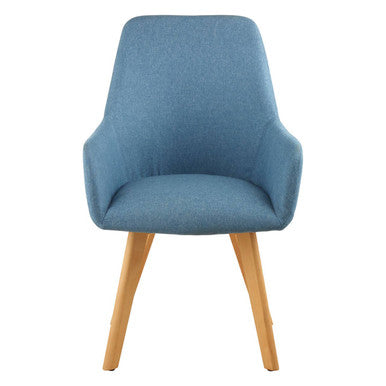 Blue upholstered chair with wooden legs on a white background