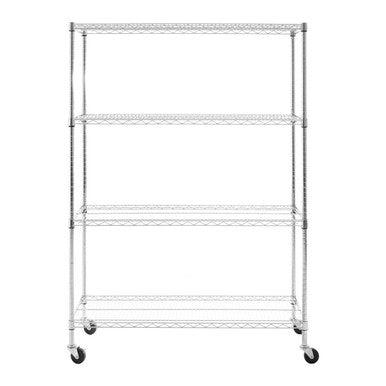 Metal shelving unit with wheels on a white background