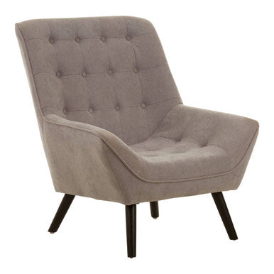 Gray upholstered chair with buttoned backrest on a white background