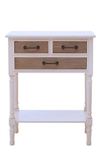 Small wooden side table with white finish and brown drawers on a white background