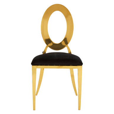 Gold chair with black cushion on a white background
