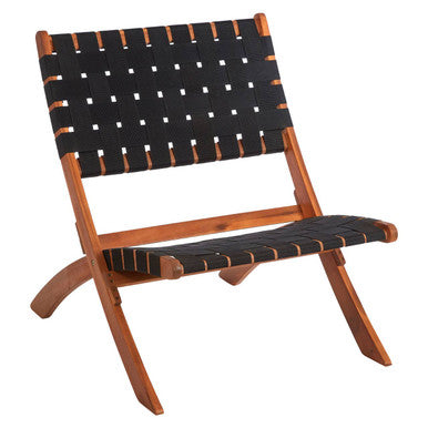 Chair with woven black seat and backrest on a white background