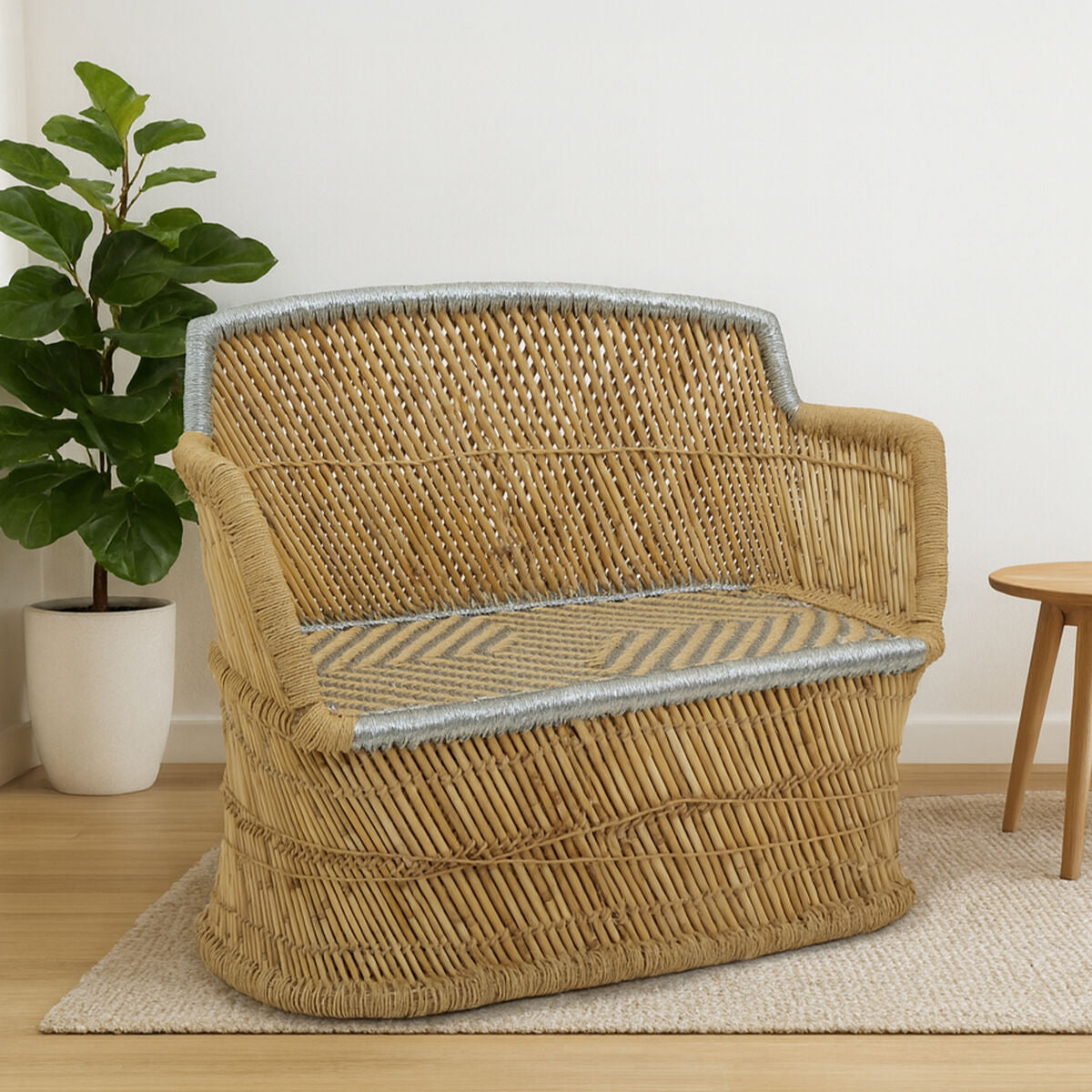 Woven chair with a plant and small table in a room setting