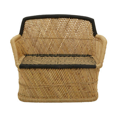 Woven chair with black accents on a white background