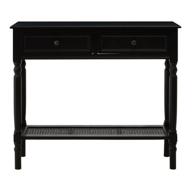 Black console table with two drawers on a white background
