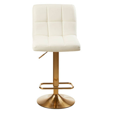 White cushioned bar stool with gold metal base on a white background