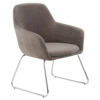 Brown upholstered chair with metal legs on a white background
