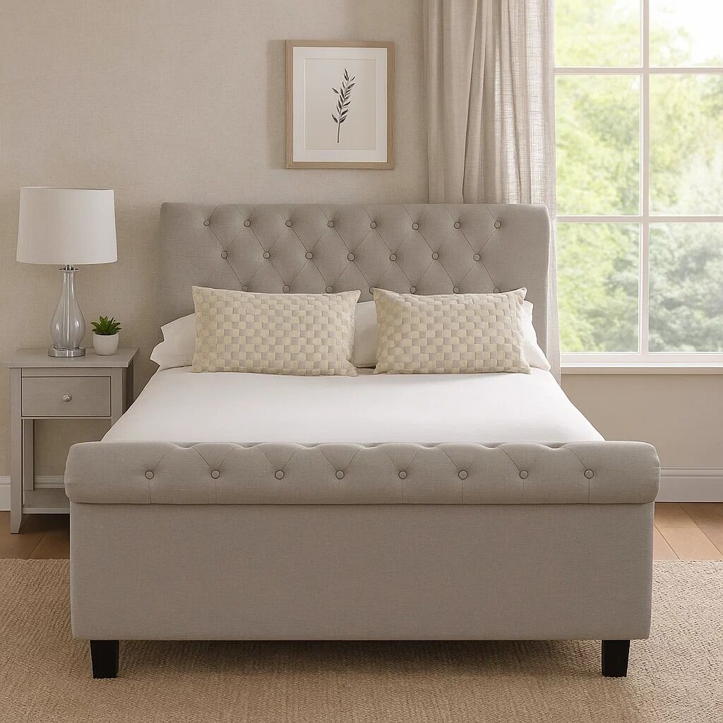 Beige upholstered bed with tufted headboard in a bedroom setting.