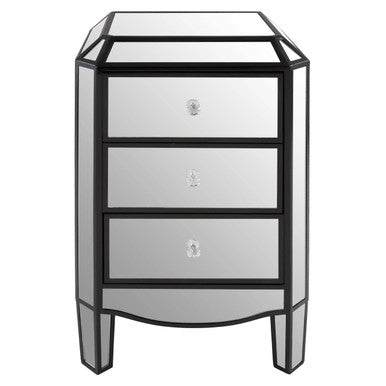 Mirrored nightstand with three drawers on a white background