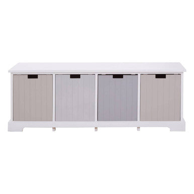White storage bench with four upholstered storage bins on a white background