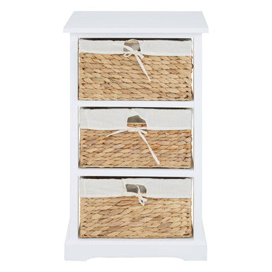 White cabinet with three woven basket drawers on a white background