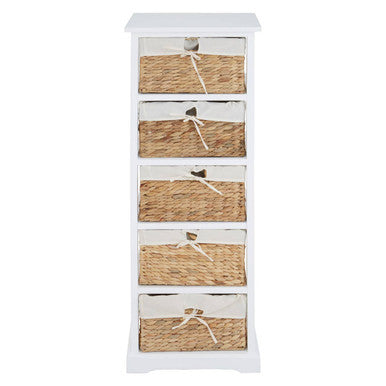 White cabinet with wicker drawers on a white background