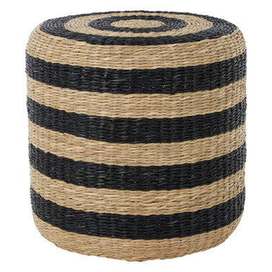 Striped woven ottoman with black and natural stripes on a white background