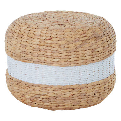 Woven ottoman with a white band on a white background