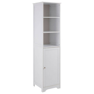 White tall cabinet with a door and three shelves on a white background
