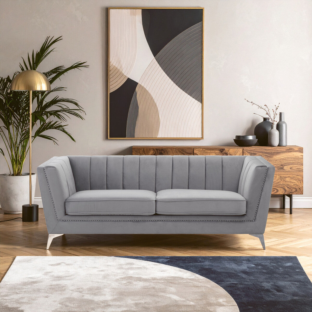 Hansa Three Seat Grey Velvet Sofa