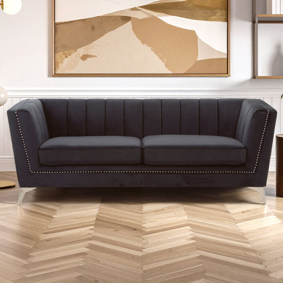 3 Seater Black Velvet Sofa, Hansa - image 1