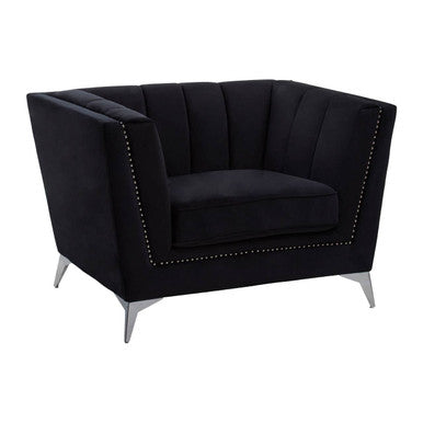 Black upholstered chair with nailhead trim on a white background