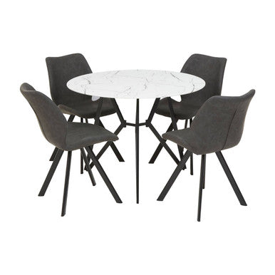 Round white table with four dark gray chairs on a white background