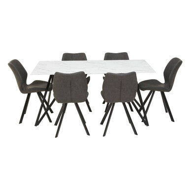 Dining table set with six chairs on a white background