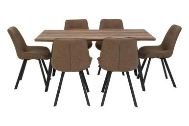 Dining table set with six brown chairs on a white background